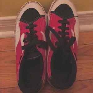 pink black and white vans